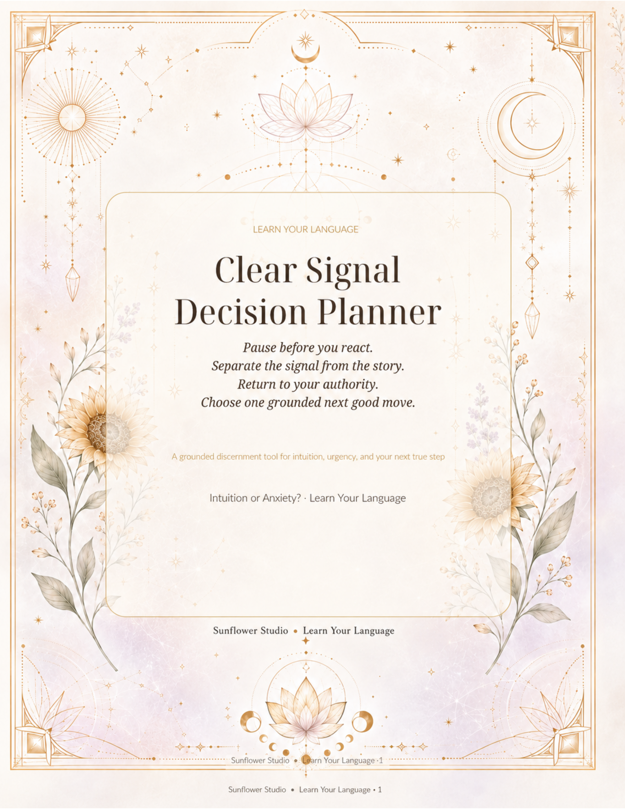 Cream-and-gold cover of the Clear Signal Decision Planner with sunflower and moon details